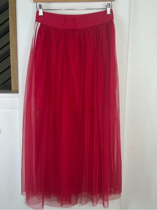 adidas Red Tulle Maxi Skirt with White Sport Stripes - Picture 5 of 9